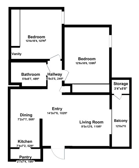 Floor plan for 2 beds, 1 bath, 838 sqft